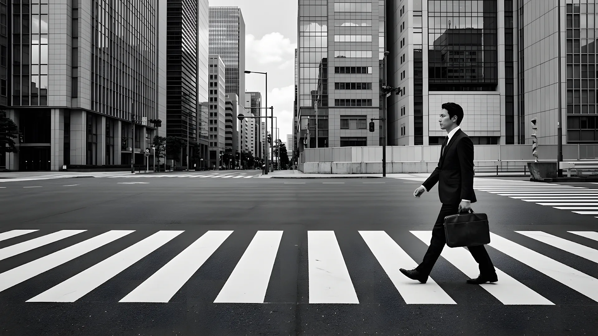A businessman with a briefcase crossing a street in a business district